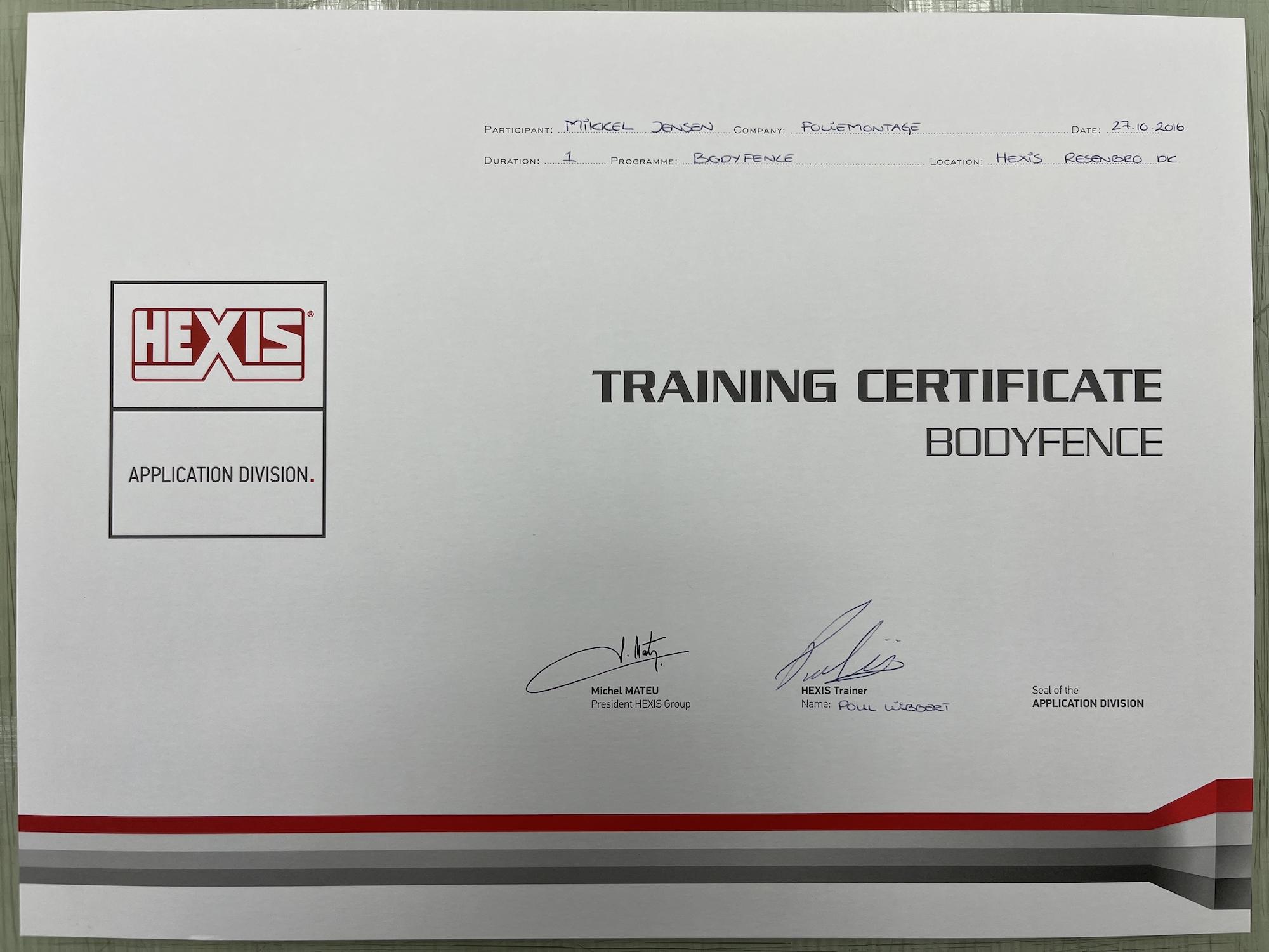 Training certificate Bodyfence